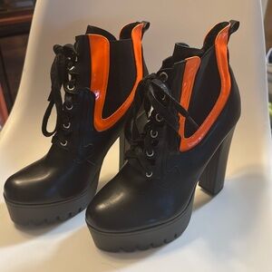Black and Orange Heeled Boots